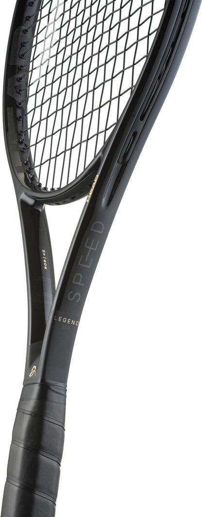 Close-up of the HEAD Speed MP Legend 2025 Tennis Racket, featuring its black frame, strings, and wrapped handle with "SPEED" visible on the side. Inspired by designs favored by Novak Djokovic. White background.