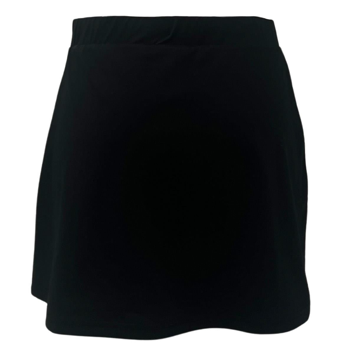 The Yonex YSKT2024 Women's Tennis Skirt, in black, features a classic A-line silhouette. Knee-length with a smooth finish, it's crafted from lightweight, breathable materials with moisture-wicking properties for ultimate comfort and ease.
