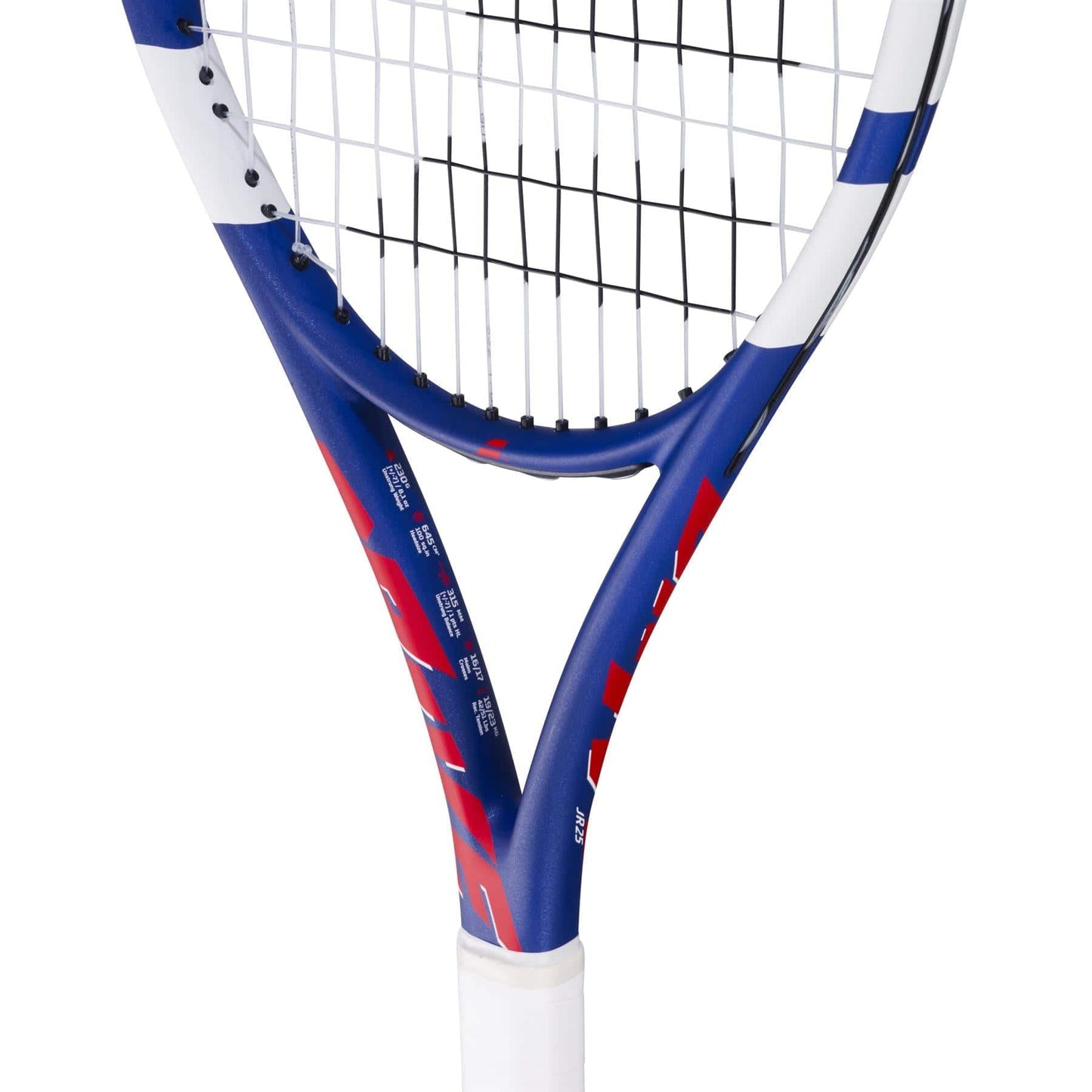 Close-up of the Babolat Drive Junior 25 Tennis Racket by Babolat, showing its blue, white, and red throat and strings with a white grip handle.