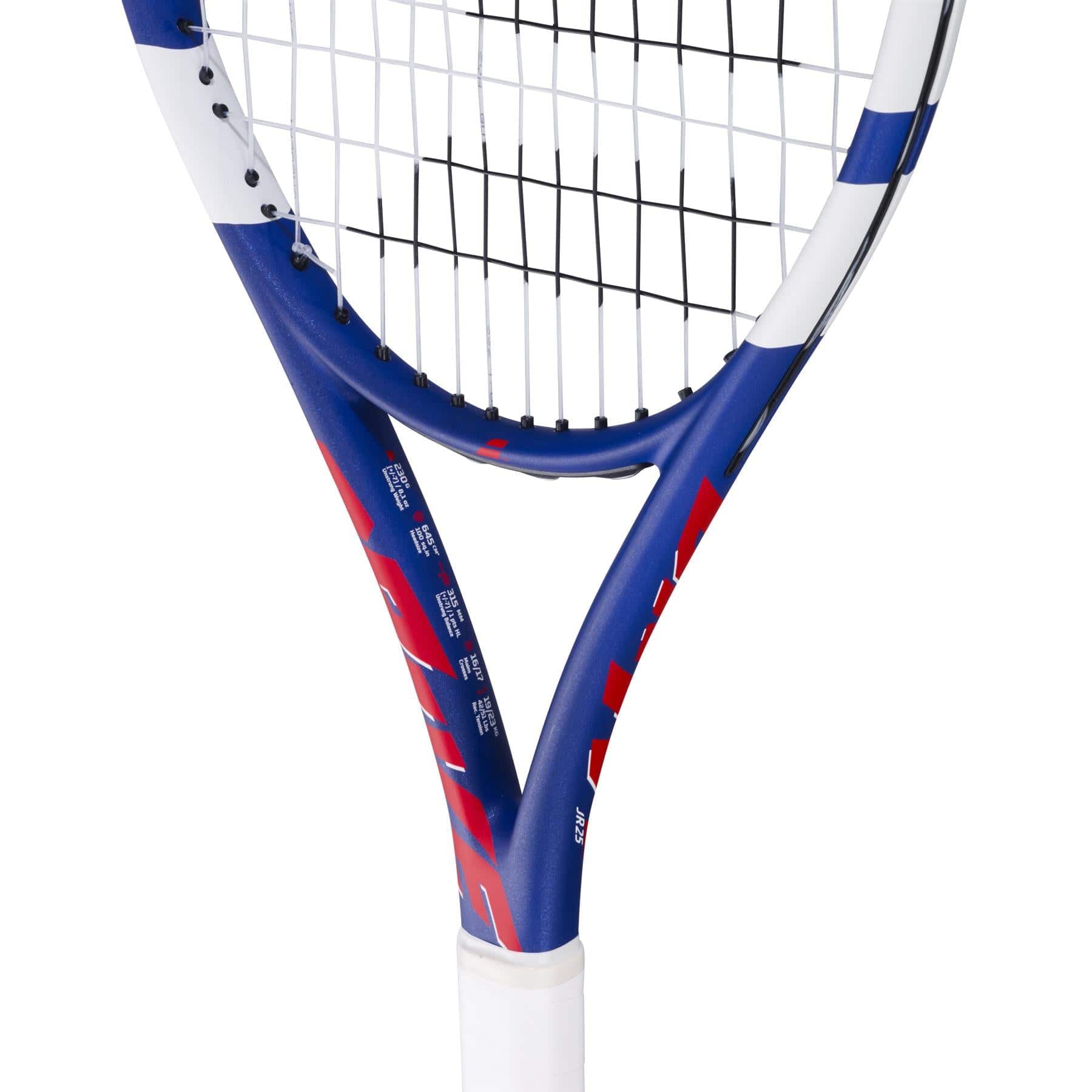Close-up of the Babolat Drive Junior 25 Tennis Racket by Babolat, showing its blue, white, and red throat and strings with a white grip handle.
