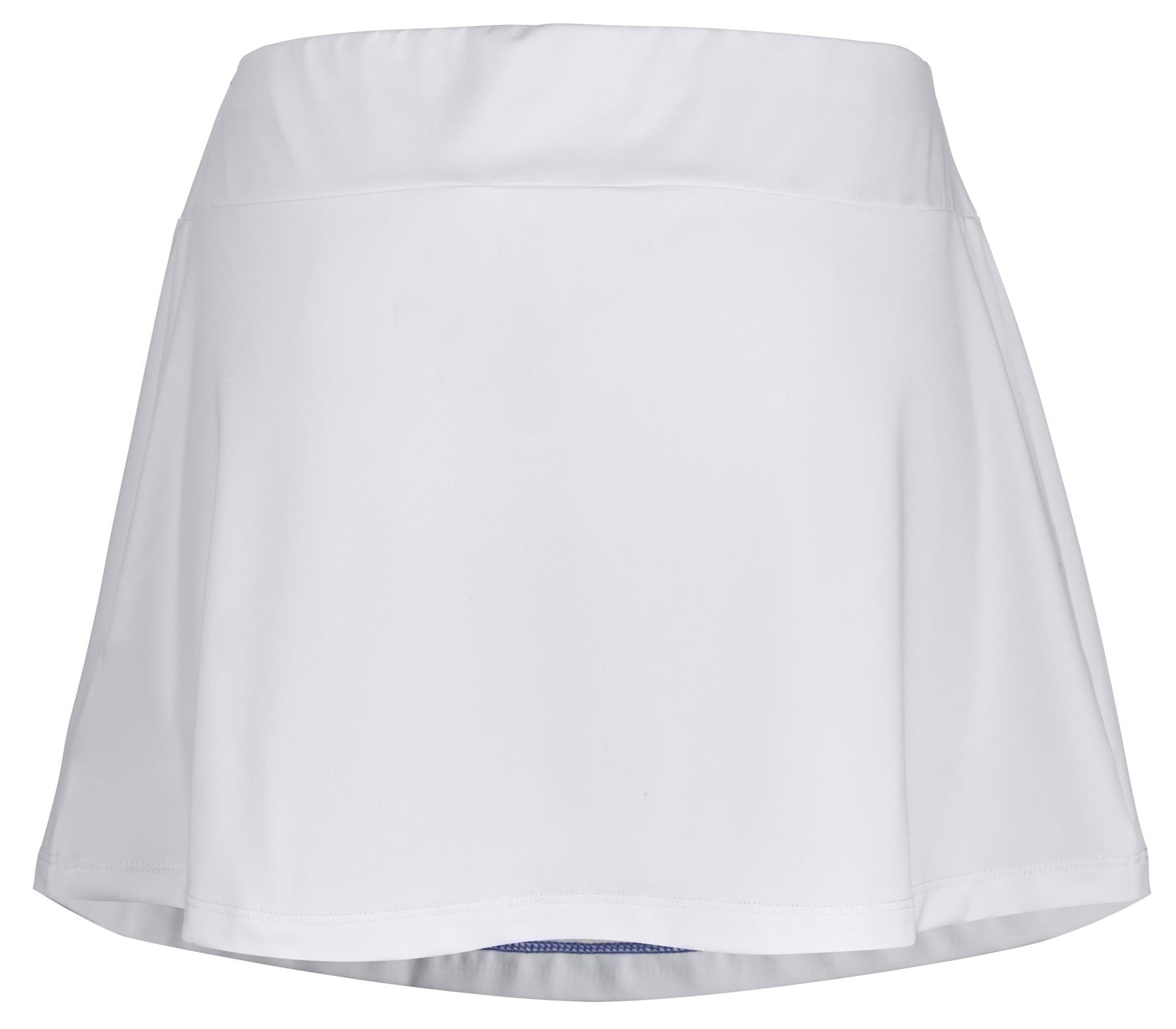 Set against a plain backdrop, the Babolat Play Women's Tennis Skirt in White highlights a smooth texture with a slight flare at the bottom. Designed with 360 Motion technology and Fiber Dry fabric from Babolat, it ensures both flexibility and comfort during tennis matches.