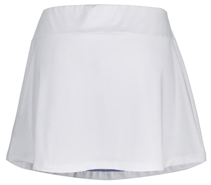 Set against a plain backdrop, the Babolat Play Women's Tennis Skirt in White highlights a smooth texture with a slight flare at the bottom. Designed with 360 Motion technology and Fiber Dry fabric from Babolat, it ensures both flexibility and comfort during tennis matches.