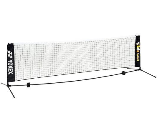 The Yonex AC344-6 Kids Portable Tennis Net - 6m, from the renowned brand Yonex, showcases black stands and a white net with "Kid's Tennis" printed vertically on the side. Its lightweight collapsible design makes it perfect for easy setup and storage, elegantly presented against a simple white backdrop.