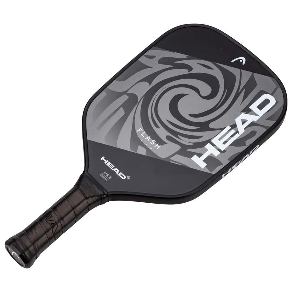 The HEAD Flash Team Pickleball Paddle features a modern black and gray swirled design with bold HEAD lettering and a wrapped handle for secure grip, making it an ideal beginner paddle.