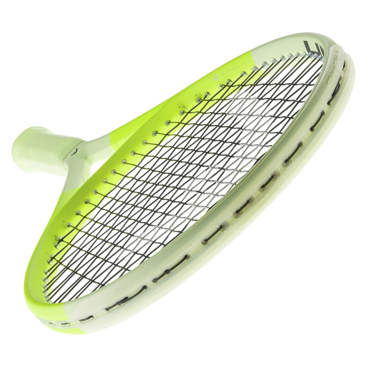 A close-up view of the vivid green HEAD Extreme MP 2024 Tennis Racket with black strings. Positioned diagonally against a white backdrop, it highlights its elegant design and superior spin capabilities, thanks to the HEAD Auxetic 2.0 technology.