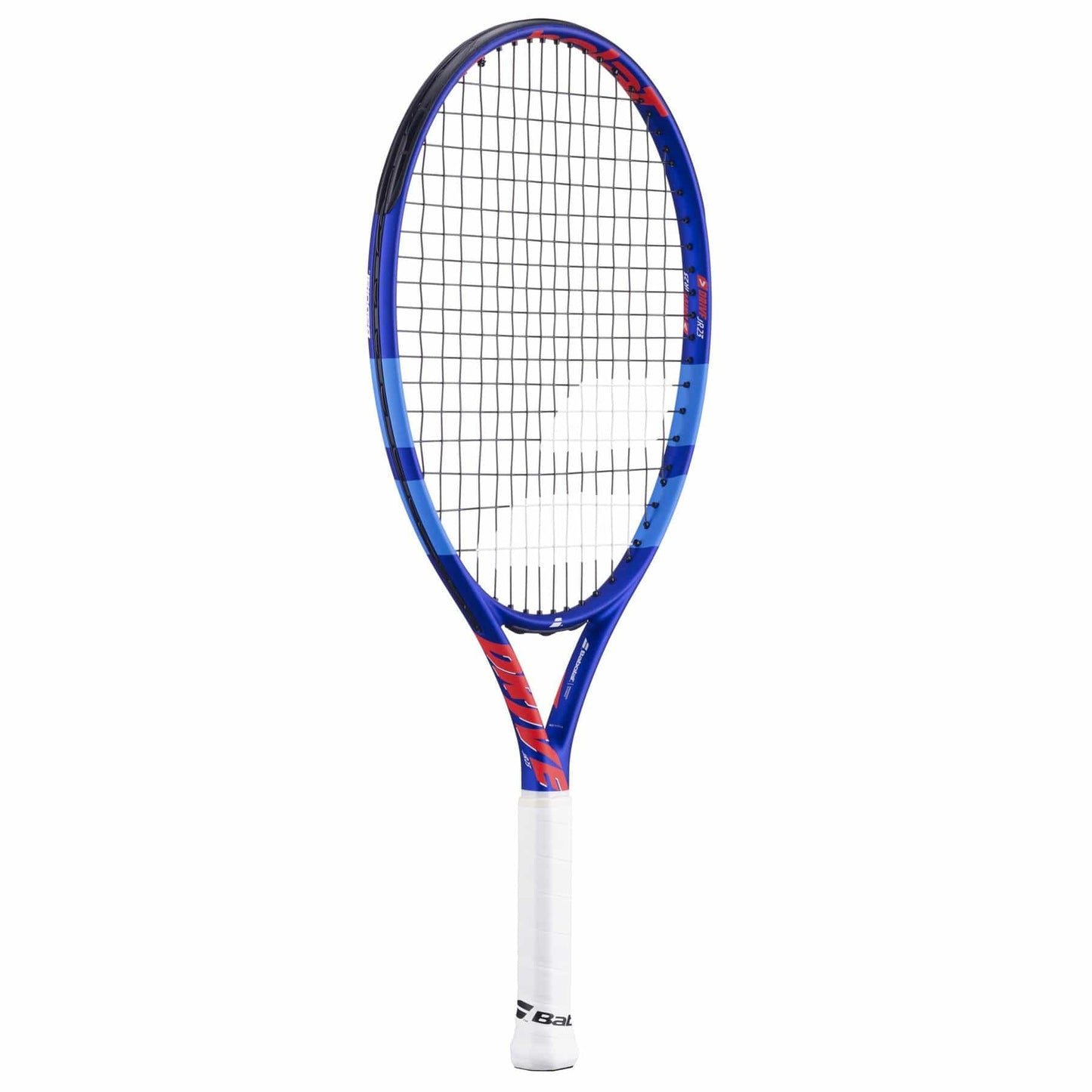 The Babolat Drive Junior 23 Tennis Racket for kids features a blue and red frame, white grip, black strings, and the "Babolat" logo on the handle, standing upright against a white background.