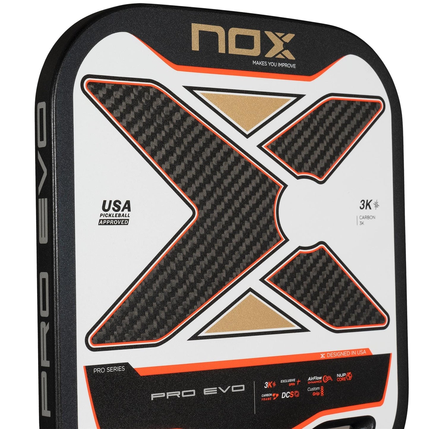 Close-up of the NOX Pro Evo Pickleball Paddle by NOX, a carbon fiber paddle with a bold black and gold “X” design, USA Pickleball Approved labels, Pro Series branding, and built for players who want extra spin.