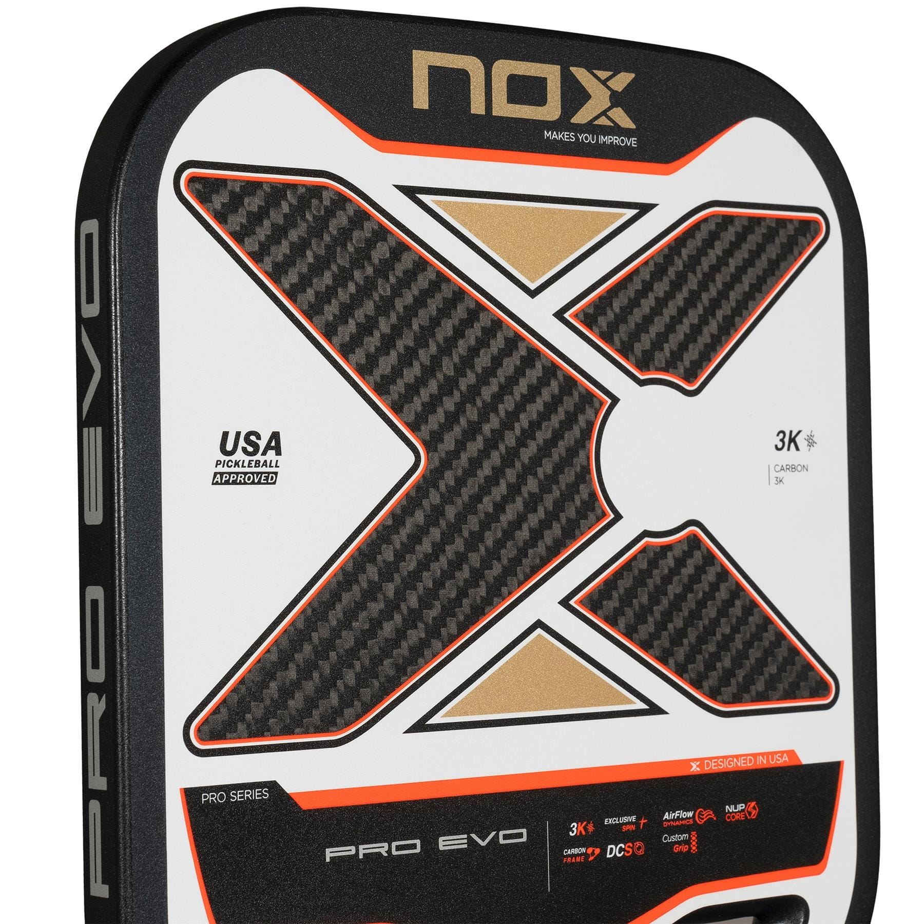 Close-up of the NOX Pro Evo Pickleball Paddle by NOX, a carbon fiber paddle with a bold black and gold “X” design, USA Pickleball Approved labels, Pro Series branding, and built for players who want extra spin.