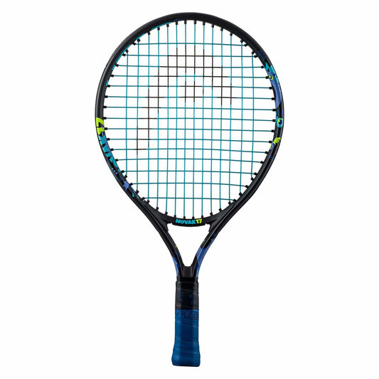 The HEAD Novak 17 Junior Tennis Racket in black and blue design includes distinctive white and yellow branding on the frame, complemented by a grip wrapped in blue tape. Featuring a Damp+ insert, its strings are arranged precisely for enhanced performance.