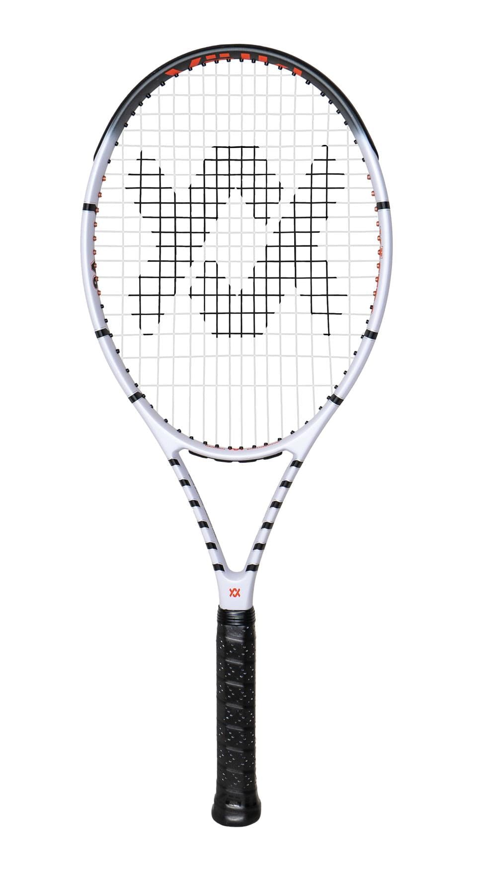 The Volkl Vostra V6 Tennis Racket, designed for advanced players, features a black grip and abstract "V" logo on the strings, shown against a plain white background.