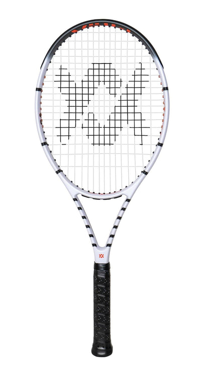 The Volkl Vostra V6 Tennis Racket, designed for advanced players, features a black grip and abstract "V" logo on the strings, shown against a plain white background.