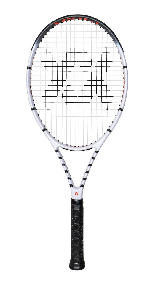 The Volkl Vostra V6 Tennis Racket, designed for advanced players, features a black grip and abstract "V" logo on the strings, shown against a plain white background.