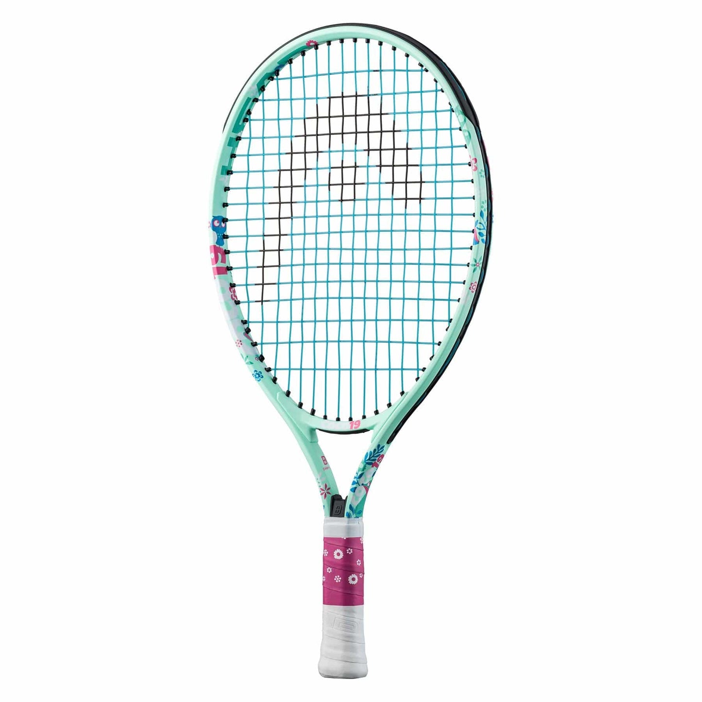 The HEAD Coco 19 Junior Tennis Racket, in a charming mint hue, boasts floral designs on the frame and a pink grip with white patterns. The strings create a grid featuring a logo pattern, enhanced by the damp+ insert in the center. Positioned vertically against a plain white background, this racket is ideal for budding tennis stars.