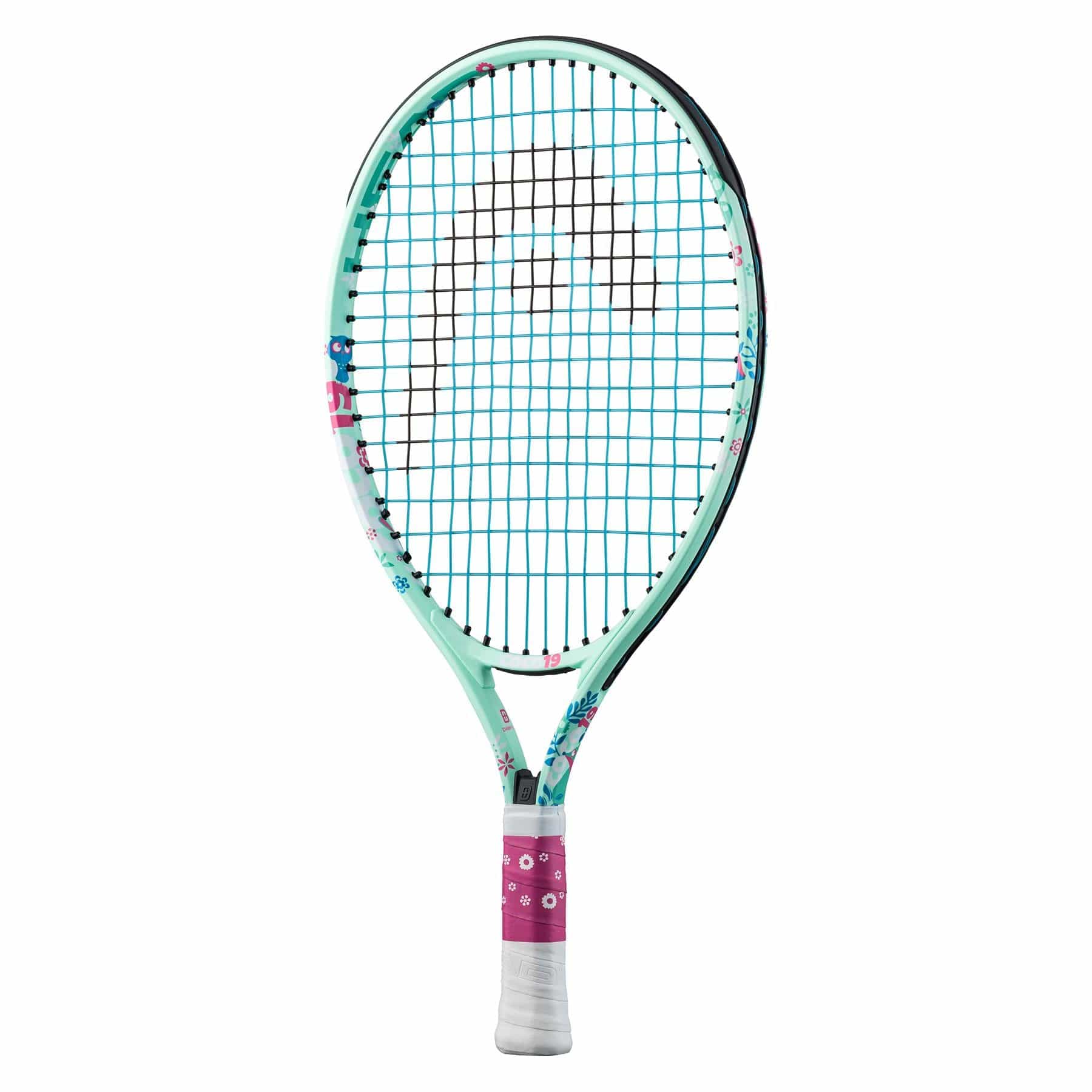 The HEAD Coco 19 Junior Tennis Racket, in a charming mint hue, boasts floral designs on the frame and a pink grip with white patterns. The strings create a grid featuring a logo pattern, enhanced by the damp+ insert in the center. Positioned vertically against a plain white background, this racket is ideal for budding tennis stars.