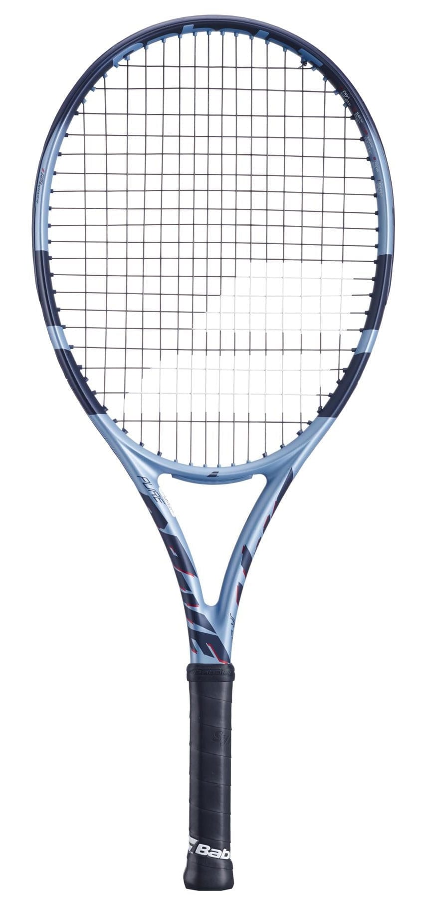 A blue and black Babolat Pure Drive Junior 26 Gen 11 Tennis Racket with a black grip is displayed upright against a white background.