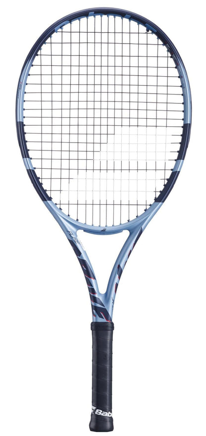 A blue and black Babolat Pure Drive Junior 26 Gen 11 Tennis Racket with a black grip is displayed upright against a white background.