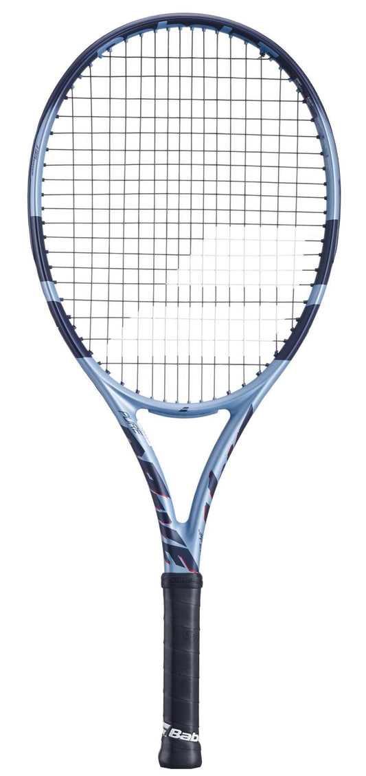 A blue and black Babolat Pure Drive Junior 26 Gen 11 Tennis Racket with a black grip is displayed upright against a white background.
