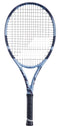 A blue and black Babolat Pure Drive Junior 26 Gen 11 Tennis Racket with a black grip is displayed upright against a white background.