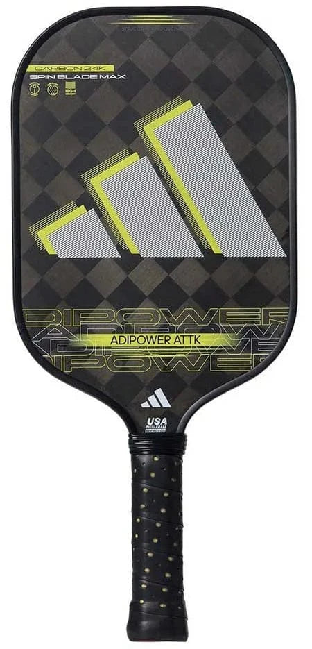 The adidas ADIDAS Adipower ATTK 3.3 Pickleball Paddle is black with a large yellow and gray geometric design, "ADIPOWER ATTK" on the face, a diamond pattern background, textured handle, and "USA Pickleball Approved" on the neck.