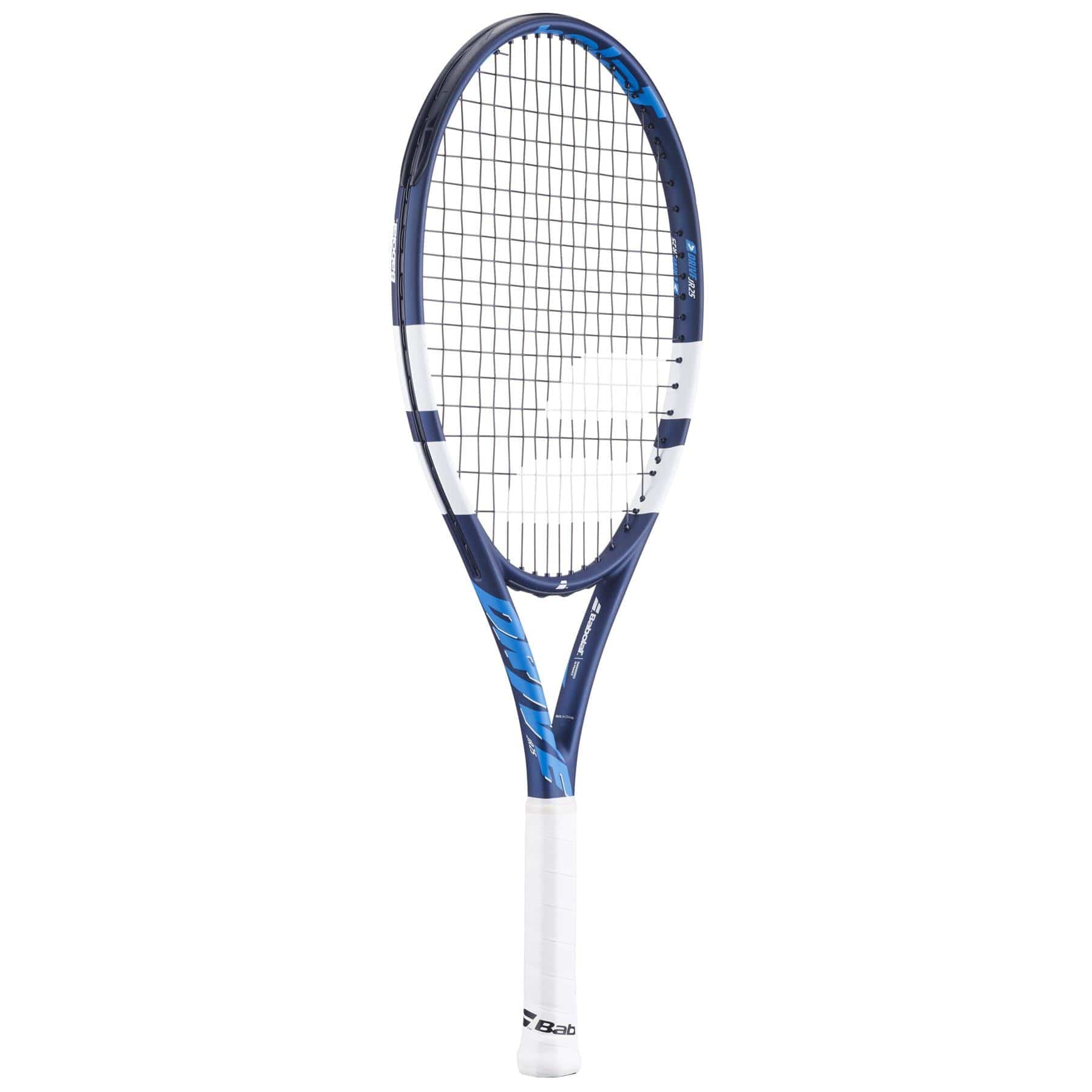 The Babolat Drive Junior 25 Tennis Racket by Babolat features a blue and white design with black strings and a white grip—perfect for intermediate players. Shown upright against a plain white background.