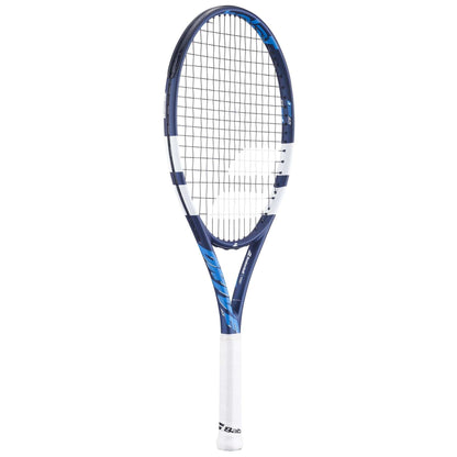 The Babolat Drive Junior 25 Tennis Racket by Babolat features a blue and white design with black strings and a white grip—perfect for intermediate players. Shown upright against a plain white background.