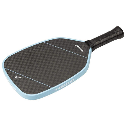 The HEAD Gravity Tour 2025 Pickleball Paddle features a black and gray checkered design, a light blue edge, black grip handle, and "HEAD" branding, with a 12k raw carbon surface for exceptional control and feel.