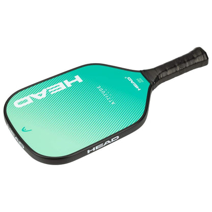 The HEAD Attitude Team Pickleball Paddle features a green and black design, textured face, black edge guard, and wrapped black grip—an ideal beginner paddle from HEAD, shown angled against a white background.