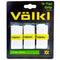 The Volkl V-Tac Tennis Overgrip - 3 Pack - White from Volkl contains three ultra-thin, white overgrips prominently displaying yellow branding. The packaging is designed with black and green text and highlights the iconic Volkl logo at the bottom, guaranteeing excellent tackiness for enhanced performance in every game.