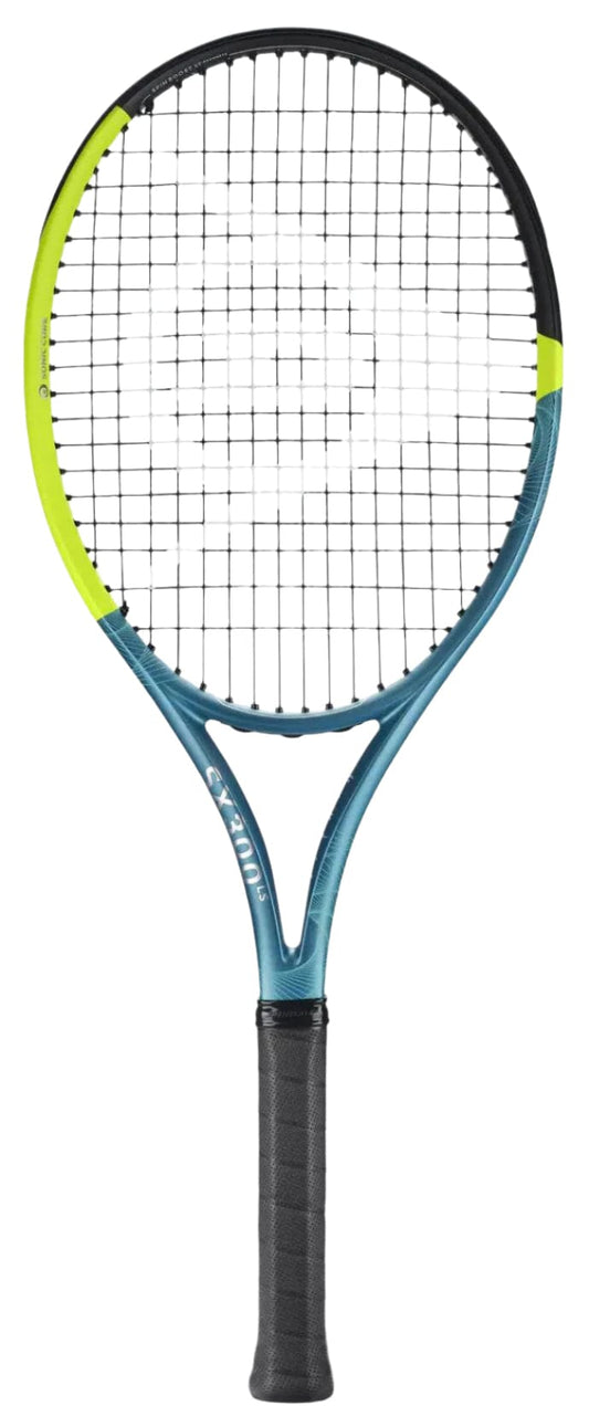 The Dunlop SX 300 LS 2025 Tennis Racket features a teal blue frame, black strings and grip, plus yellow accents—perfect for advanced players who want precision and power.