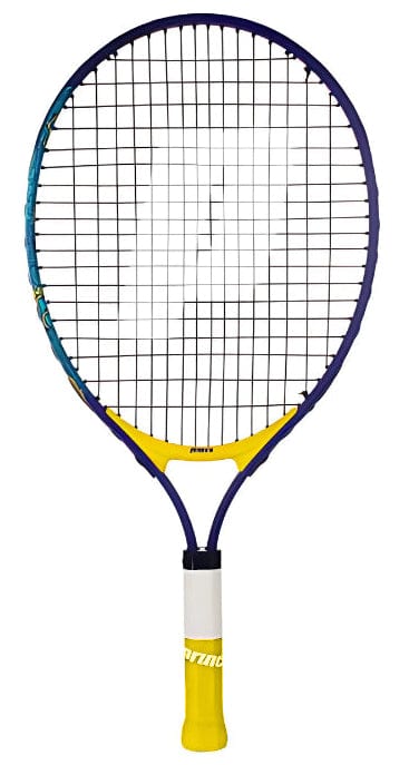 The Prince Ace/Face 26 2025 Junior Blue/Yellow Tennis Racket by Prince features a blue frame, black strings, and a yellow and white handle—ideal for beginner juniors. Displayed against a plain white background.