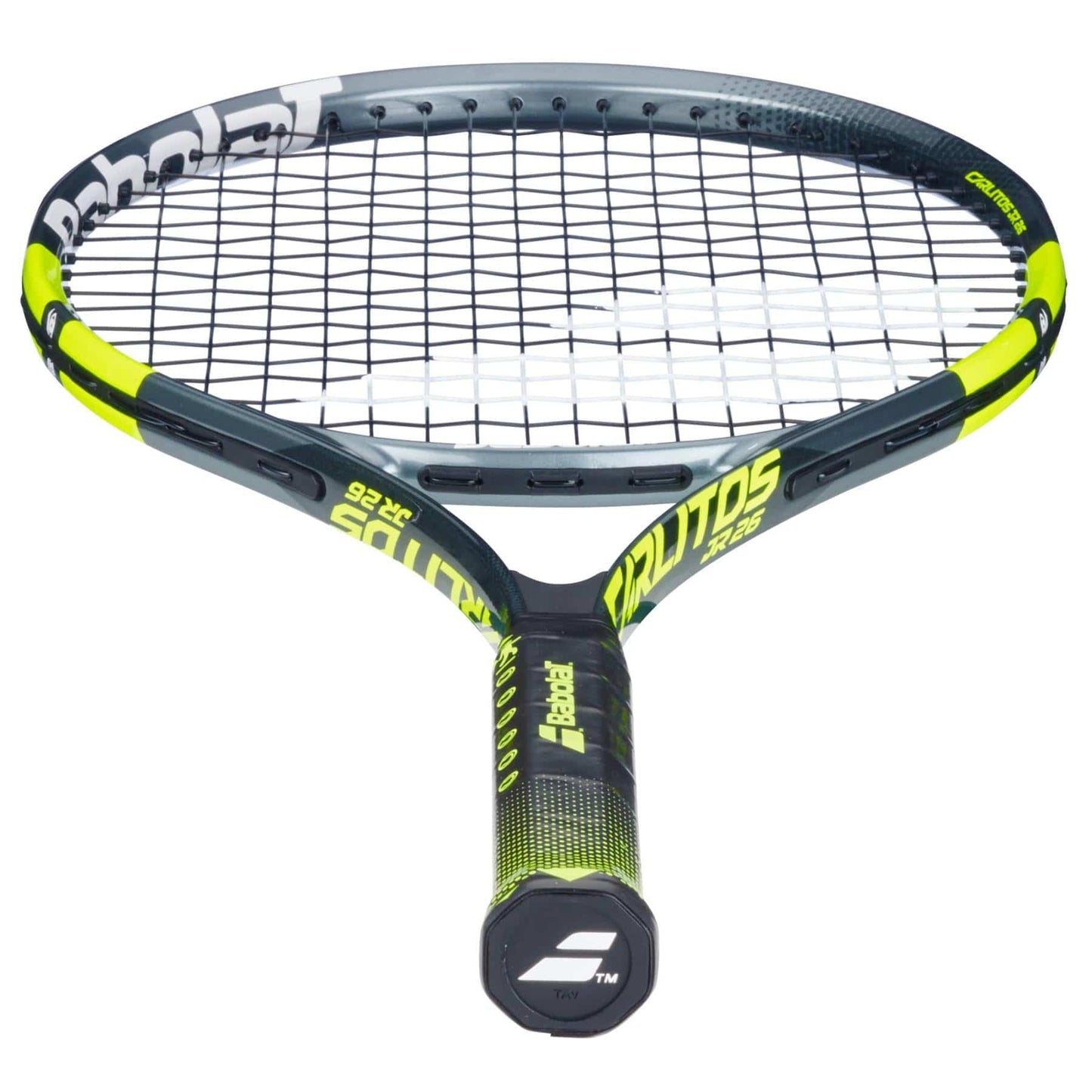 The Babolat Carlitos Junior 26 Tennis Racket features a black and yellow design with white branding, tightly strung strings, and a textured grip—ideal for beginner tennis players.