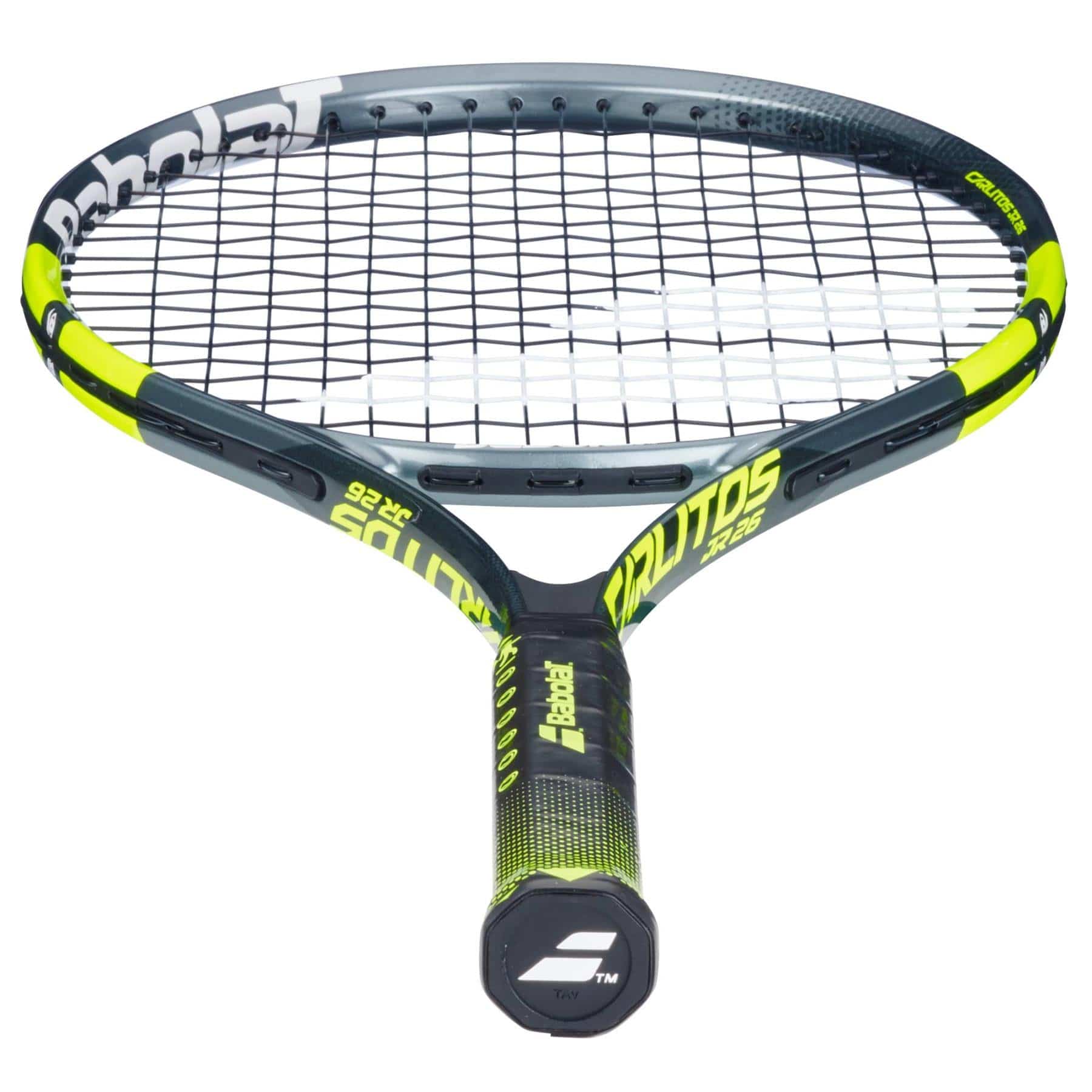 The Babolat Carlitos Junior 26 Tennis Racket features a black and yellow design with white branding, tightly strung strings, and a textured grip—ideal for beginner tennis players.