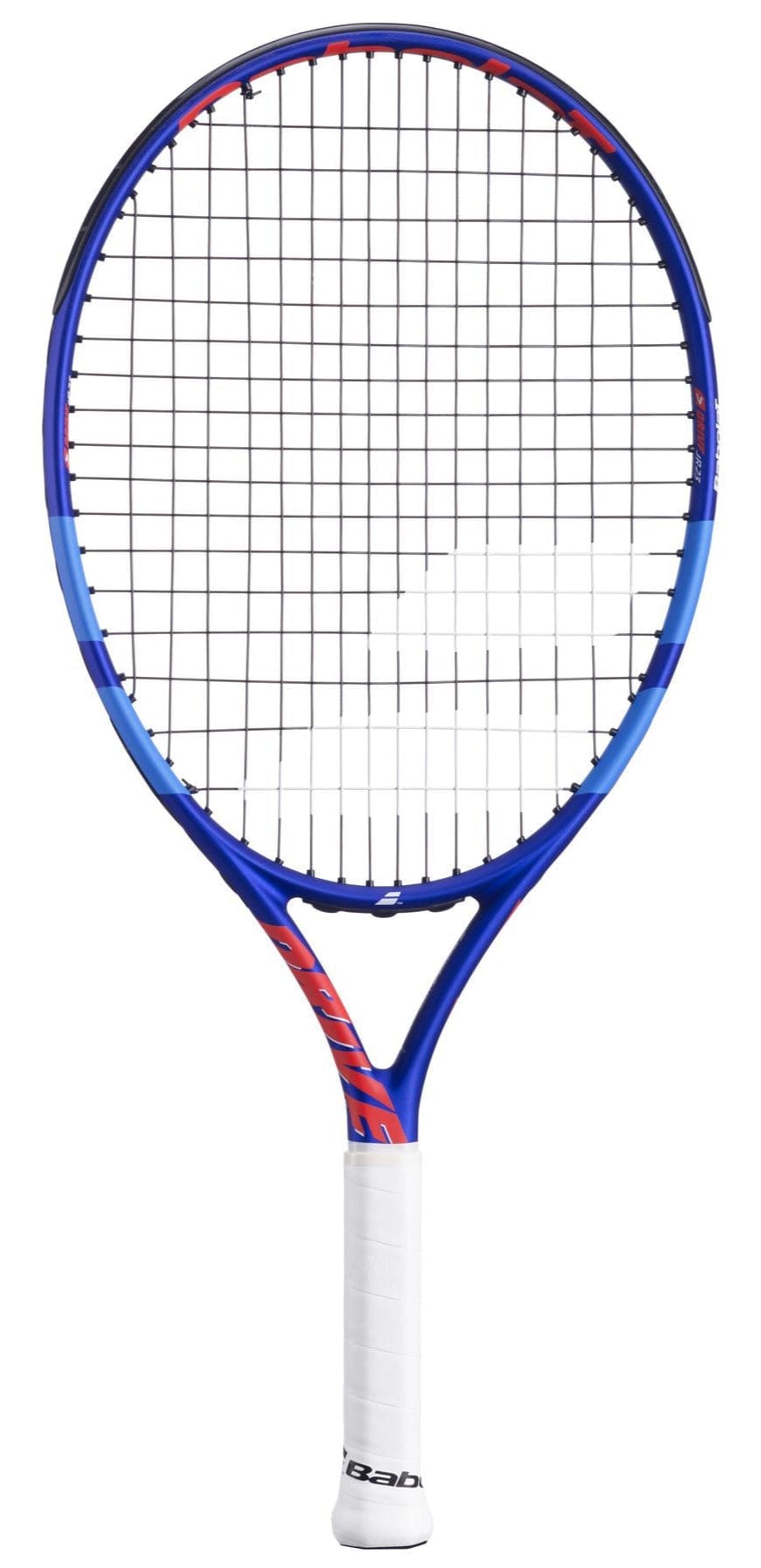 The Babolat Drive Junior 23 Tennis Racket, shown upright with a blue and red frame and white grip against a plain white background, is an ideal choice for aspiring young players.