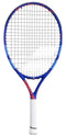 The Babolat Drive Junior 23 Tennis Racket, shown upright with a blue and red frame and white grip against a plain white background, is an ideal choice for aspiring young players.