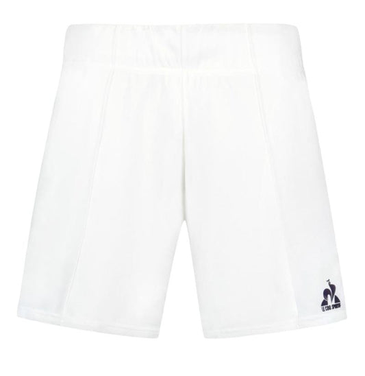 The Le Coq Sportif Pro Men's Tennis Shorts in Optical White are crafted from breathable material with an elastic waistband. They feature a signature blue bird logo on the lower left side, designed to provide optimal movement, making them perfect for sports or casual wear.