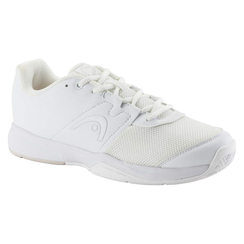 The HEAD Revolt Court Women's 2025 Tennis Shoes feature a mesh and synthetic upper in white/grey with a lace-up design and cushioned sole for lightweight comfort, ideal for sports or casual wear.
