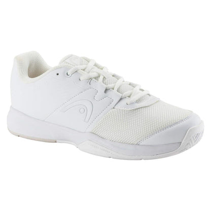 The HEAD Revolt Court Women's 2025 Tennis Shoes feature a mesh and synthetic upper in white/grey with a lace-up design and cushioned sole for lightweight comfort, ideal for sports or casual wear.