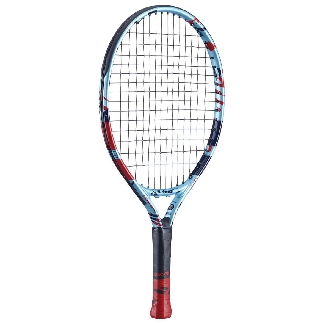 The Babolat BallFighter 17 Junior Tennis Racket by Babolat features a blue and red frame, black string pattern, and red grip handle. Shown upright against a white background, it’s ideal for beginner youth players.