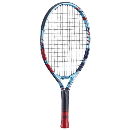 The Babolat BallFighter 17 Junior Tennis Racket by Babolat features a blue and red frame, black string pattern, and red grip handle. Shown upright against a white background, it’s ideal for beginner youth players.