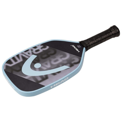 The HEAD Gravity Team EX 2025 Pickleball Paddle offers superior control with a black grip, blue edges, and a black and silver face displaying the HEAD logo—ideal for players seeking precise spin.