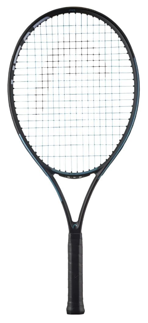 The HEAD IG Gravity Junior 25 2025 Tennis Racket by HEAD is shown upright in black with a dark grip and blue strings against a white background, offering kids a lightweight graphite tennis racket.