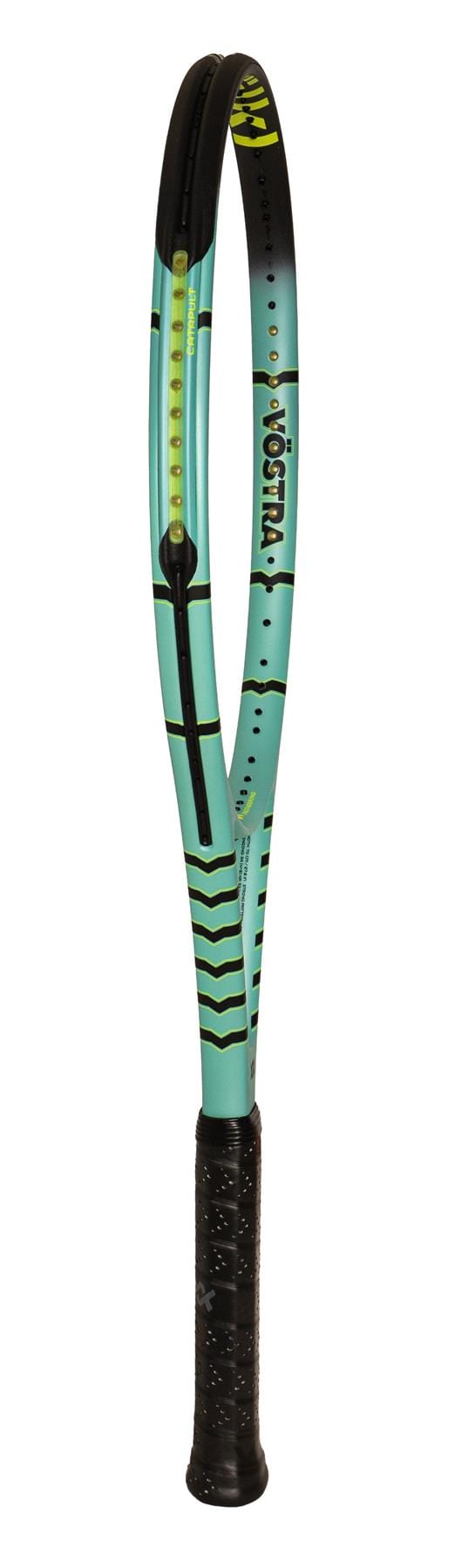 The green Volkl Vostra V4 tennis racket from Volkl features a sleek design with geometric patterns on the frame, offering high performance control. Its textured black grip provides a firm hold, while the Catapult Effect enhances your game with precision and power.
