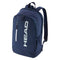The HEAD BASE Tennis Backpack 17L - Navy by HEAD offers a fresh design with a racket compartment, front zip pocket, bold vertical "HEAD" logo, padded shoulder straps, and handy side pockets.
