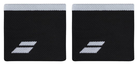 The Babolat Logo Wristband in black and white features a design with a white stripe at the top and two diagonal rectangles as its logo. These wristbands are absorbent, providing comfort during play.