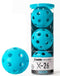 A clear tube of Franklin Indoor X-26 Pickleball Balls (3 Ball) - Blue by Franklin, featuring three bright blue USA Pickleball approved balls with holes, plus one extra blue ball shown outside the container in front.