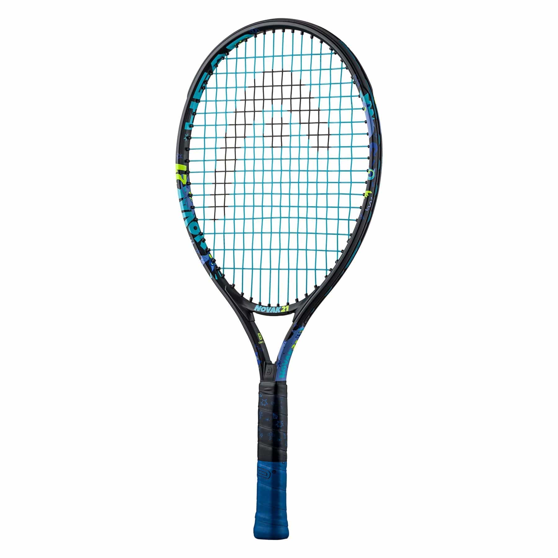 The HEAD Novak 21 Junior Tennis Racket, a product by HEAD, is a blue and black masterpiece boasting a grid of crisscrossed strings and a dark blue grip. Adorned with light blue and green accents, it features the advanced Damp+ insert to minimize vibration. Its sleek design stands out against the plain white background.