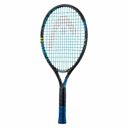 The HEAD Novak 21 Junior Tennis Racket, a product by HEAD, is a blue and black masterpiece boasting a grid of crisscrossed strings and a dark blue grip. Adorned with light blue and green accents, it features the advanced Damp+ insert to minimize vibration. Its sleek design stands out against the plain white background.