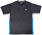 The Yonex YTM11 Men's Tennis T-Shirt in black features a dark geometric pattern, blue side panels, light gray cuffs, and a small white logo. Made with Air-Release fabric for fast drying. Displayed flat on a plain background.