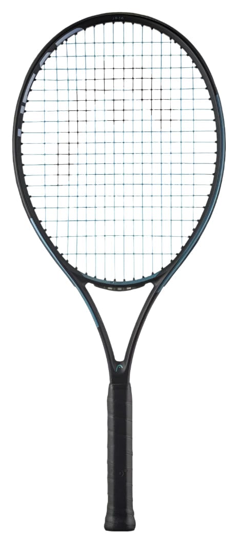 The HEAD IG Gravity Junior 26 2025 Tennis Racket by HEAD features a black grip, light blue trim, and white strings, shown against a plain white background—an ideal lightweight graphite racket for kids.