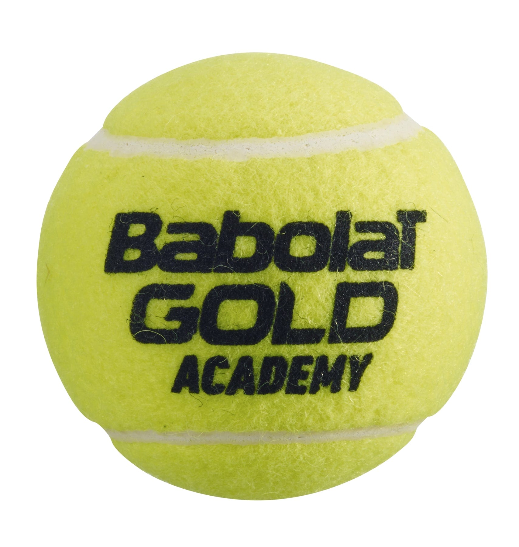 A close-up of a Babolat EVO Gold Academy Tennis Ball from the 3 Ball Tube highlights its vibrant yellow color and black text displaying the brand name, Babolat, and model. Ideal for beginner to intermediate players, this pressureless ball boasts a striking fuzzy texture designed for enduring performance.